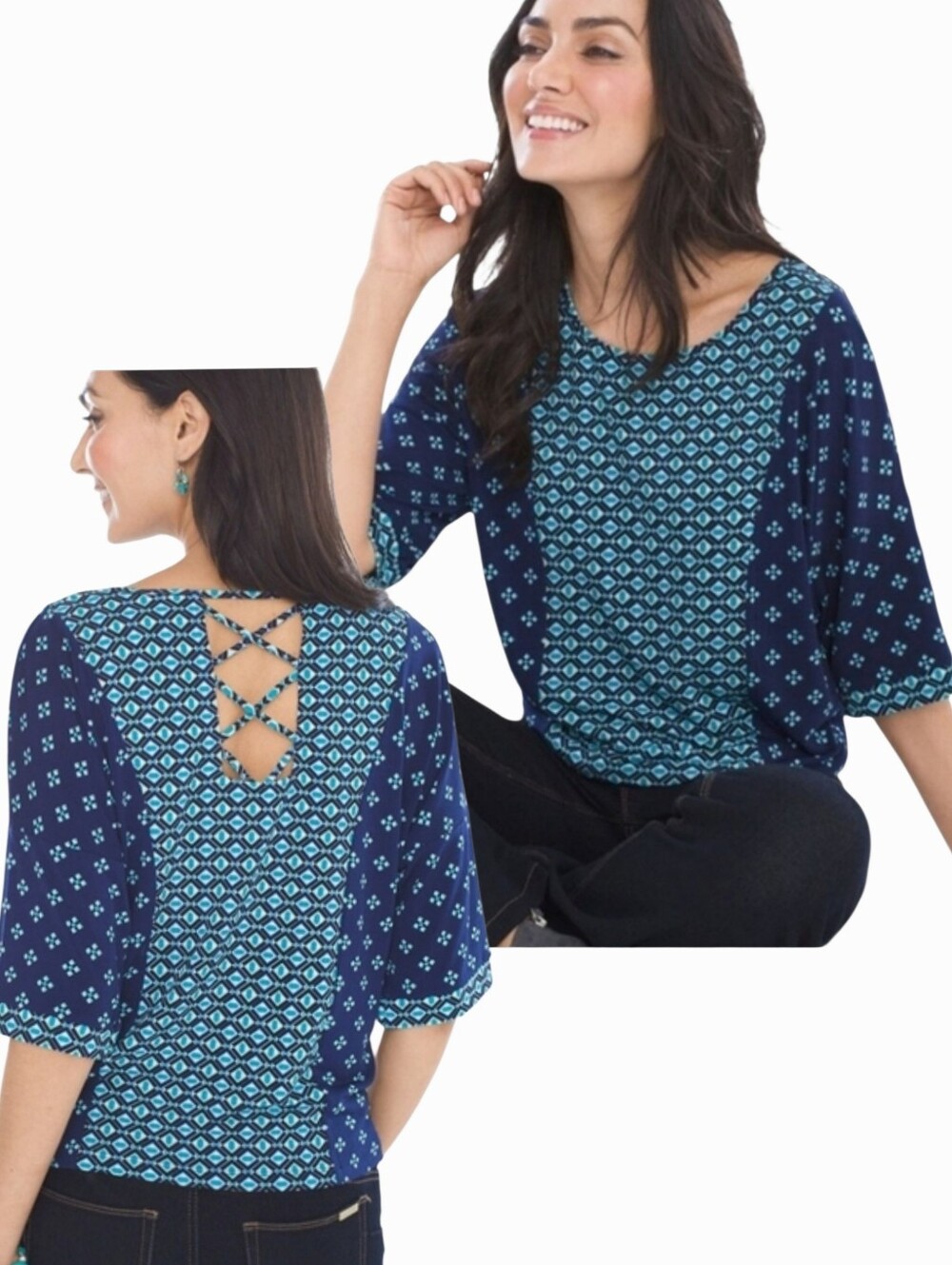 NWT! Chico's Medium 1 Blouse Shirt Top Navy Blue Short Sleeve Knit Diamond NEW